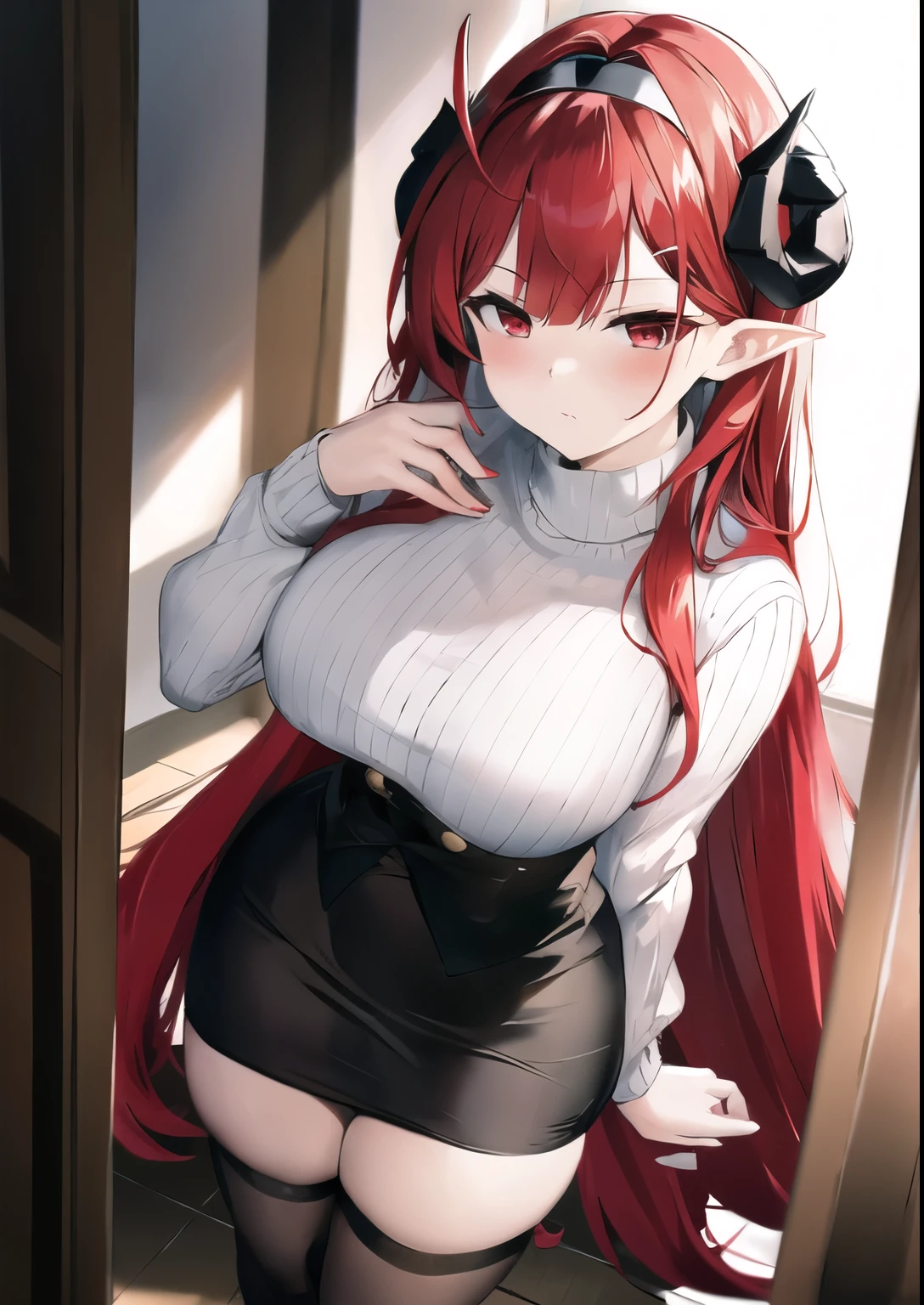 hindenburg_\(azur lane\), red_hair, demon horns, long hair,pencil_skirt, sweater, hand_on_own_chest,, doorway, from above,open door, blush,  masterpiece, best quality, high contrast,