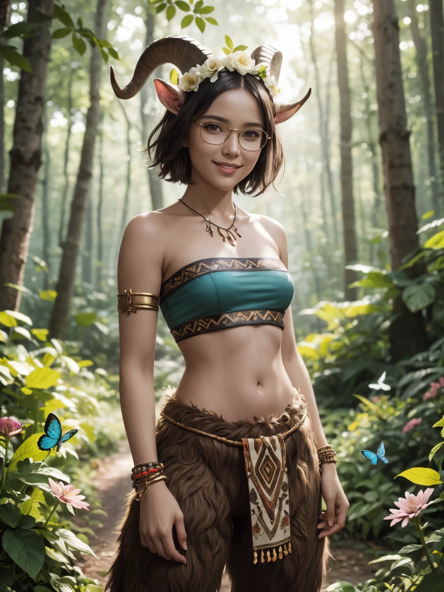 girl, satyr, forest, fur pants, furry, tube top, short hair, goat horns, looking at viewer, smile, tribal feathers necklace, bracelet, armlet, navel, loin cloth, lush forest, dappled sunlight, masterpiece, best quality, beautiful, sexy, flower crown, glasses, sharp focus, low light, beautiful flowers, colorful, small butterflies around,