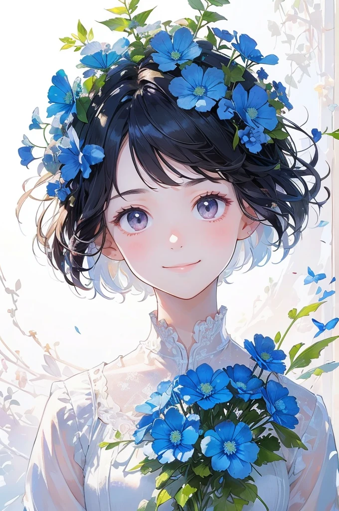 (masterpiece、Please redeem、Please redeem、Beautiful and beautiful:1.2)、(good anatomy:1.5)、Drawing of a girl with short straight hair、White blouse、A shy smile、Looking at the camera、Flowers and leaves on the head、Nemophila