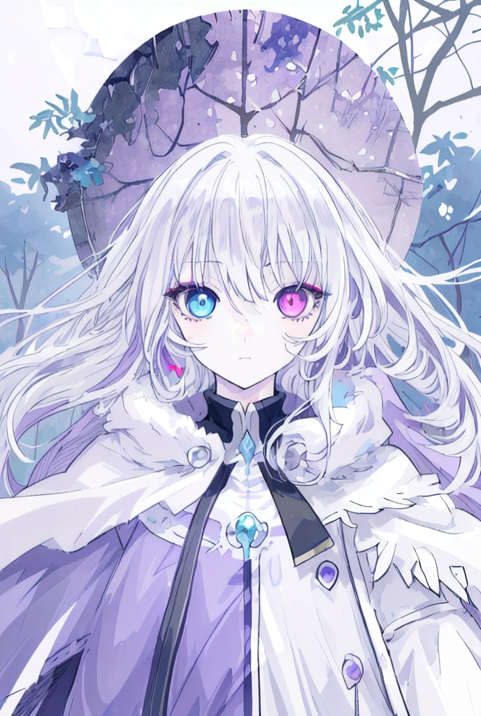 anime, face, Gray Hair, blue eyes, heterochromia,purple eye,blue eye., Long Hair, White background,High resolution, High detail, In the forest, White Cape