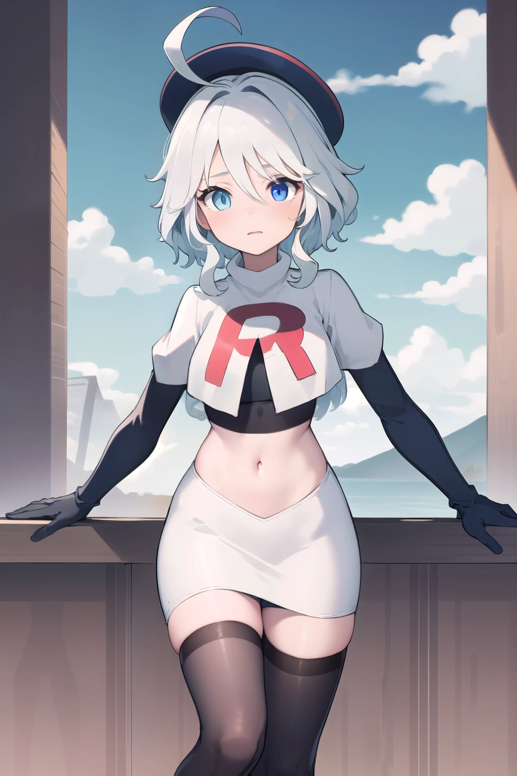 pokemonlana, pokemonlana, blue eyes, blue hair, freckles, hairband, short hair, white pupils, yellow hairband, (bright pupils:1.5),
BREAK team rocket,team rocket uniform,white skirt,red letter R,crop top,black thigh-highs,
BREAK looking at viewer,
BREAK outdoors, beach, ocean, sea,
BREAK (masterpiece:1.2), best quality, high resolution, unity 8k wallpaper, (illustration:0.8), (beautiful detailed eyes:1.6), extremely detailed face, perfect lighting, extremely detailed CG, (perfect hands, perfect anatomy),
