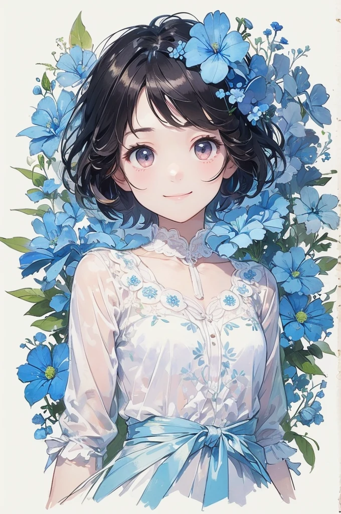 (masterpiece、Please redeem、Please redeem、Beautiful and beautiful:1.2)、(good anatomy:1.5)、Full Body Shot、Drawing of a girl with short straight hair、White blouse、A shy smile、Looking at the camera、Flowers and leaves on the head、Nemophila