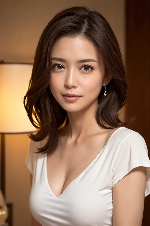 muste piece, photorealistic, best quality, complex and delicate, 8K wallpaper, highest quality, masterpiece, real, Super detailed, 1 woman, 40 year old beautiful woman, slimming, (((facing forward))), Symmetrical, (((view audience))), dynamic lighting, highly detailed face, medium hair, Yellow orange V-neck dress, well-shaped small bust, cleavage