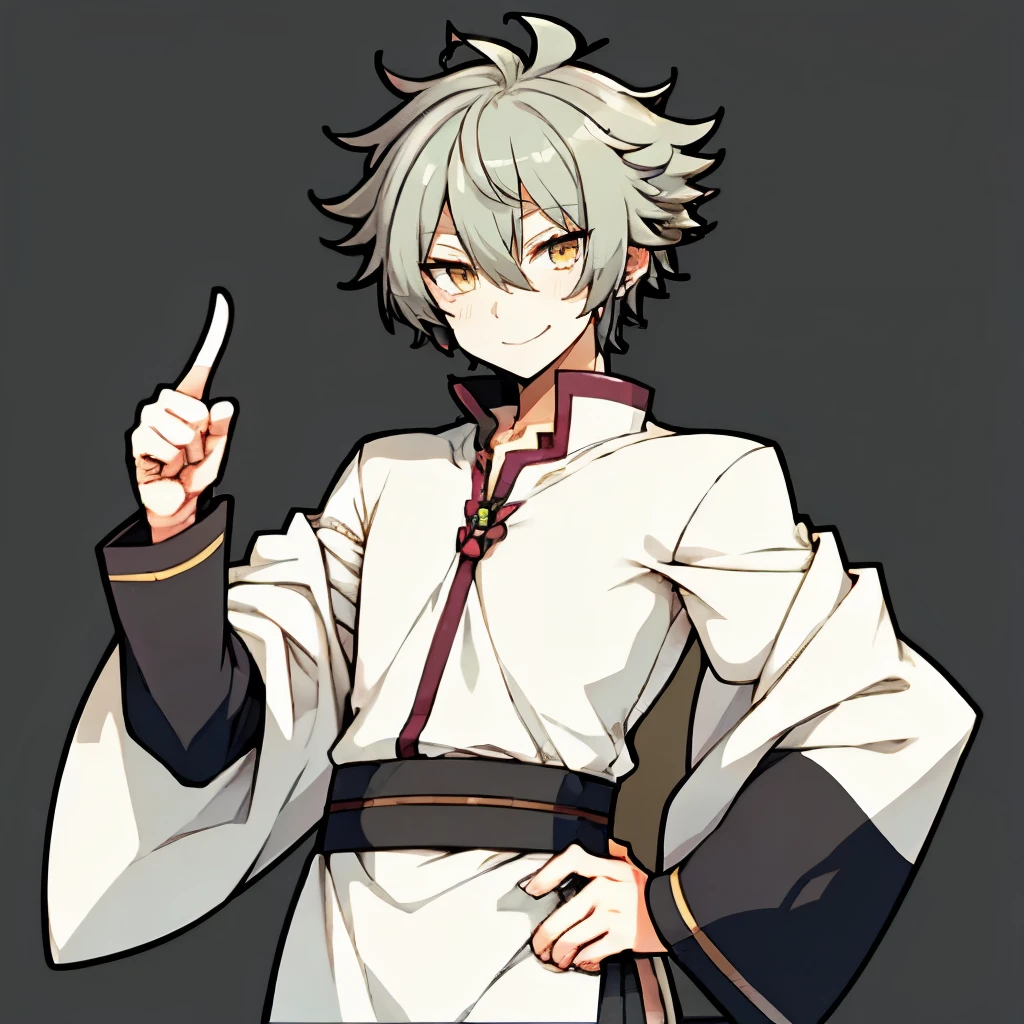 Gray Hair　male　Looking at the camera　A fearless smile　Cafe staff uniform,smile、Raise the index finger on one hand,((Tall Man))、yellow Eyes、Short Hair