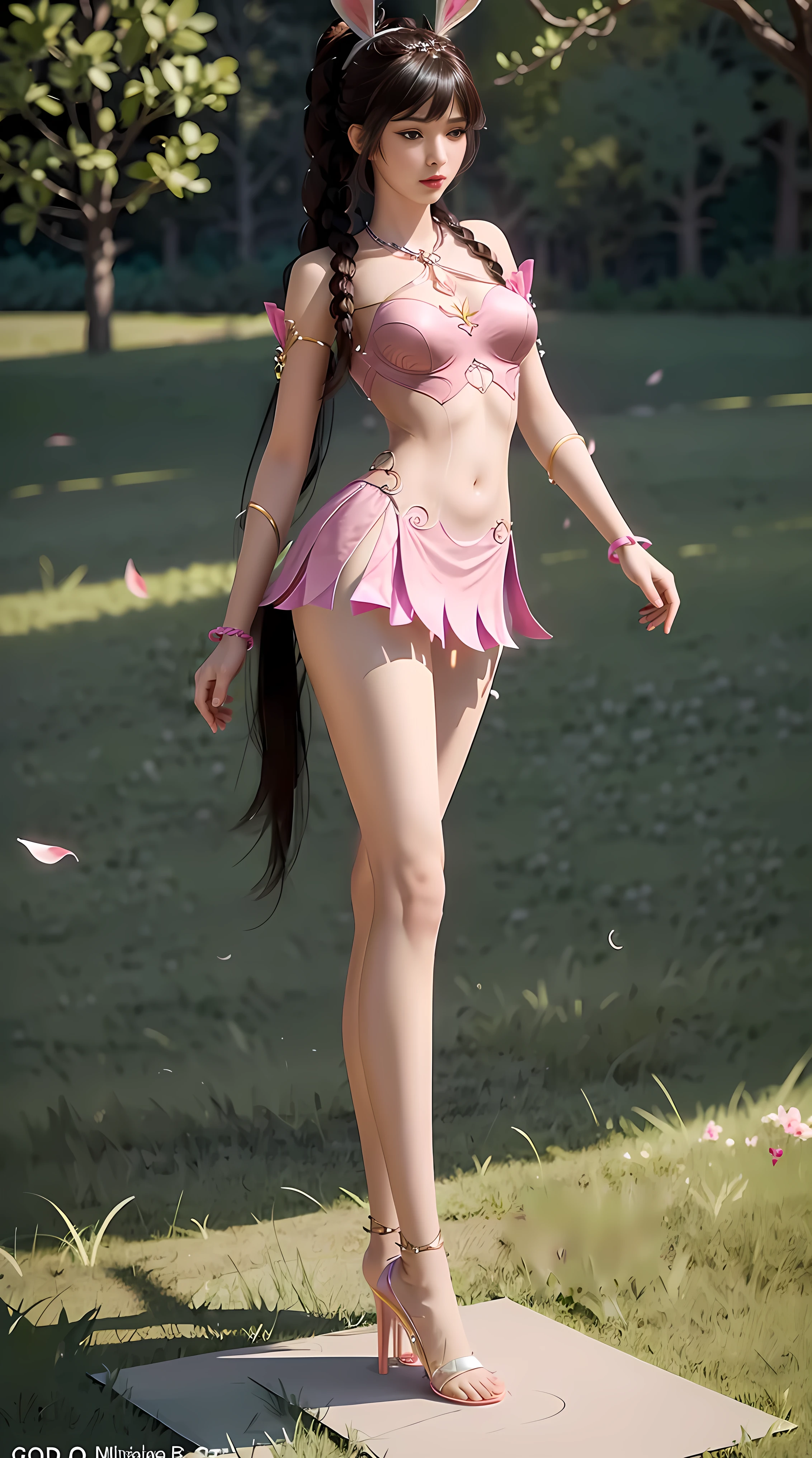 (1girl:1.3), Solo, __body-parts__, Official Art, Unity 8k Wallpaper, Ultra Detailed, Beautiful and Aesthetic, Masterpiece, Best Quality, RAW, Supene Photo, Best Quality, Ultra High Resolution, Photorealistic Photorealism, Sunlight, Full Body Portrait, Amazing Beauty, Delicate Face, Vibrant Eyes, (From the Front), Detailed Face, Gorgeous, Highly Detailed Skin, Realistic Skin Details, Visible Pores, Sharp Focus, Volume Fog, 8K uhd, DSLR, high quality, film grain, fair skin, photo realism, brunette hair, brunette hair, breasts, open eyes, split sleeves, skinny, transparent, pink, dress, transparent panties, pink, twisted braid, long braid, jewelry, gold accessories, gorgeous accessories, complex, delicate lips, long hair, medium breasts, outdoor, closed lips, petals, peach blossoms, rabbit ears, pink rabbit ears, (((full body pose:1.4))), (((sexy standing pose:1.6))), (((Raise Sexy:1.5)))