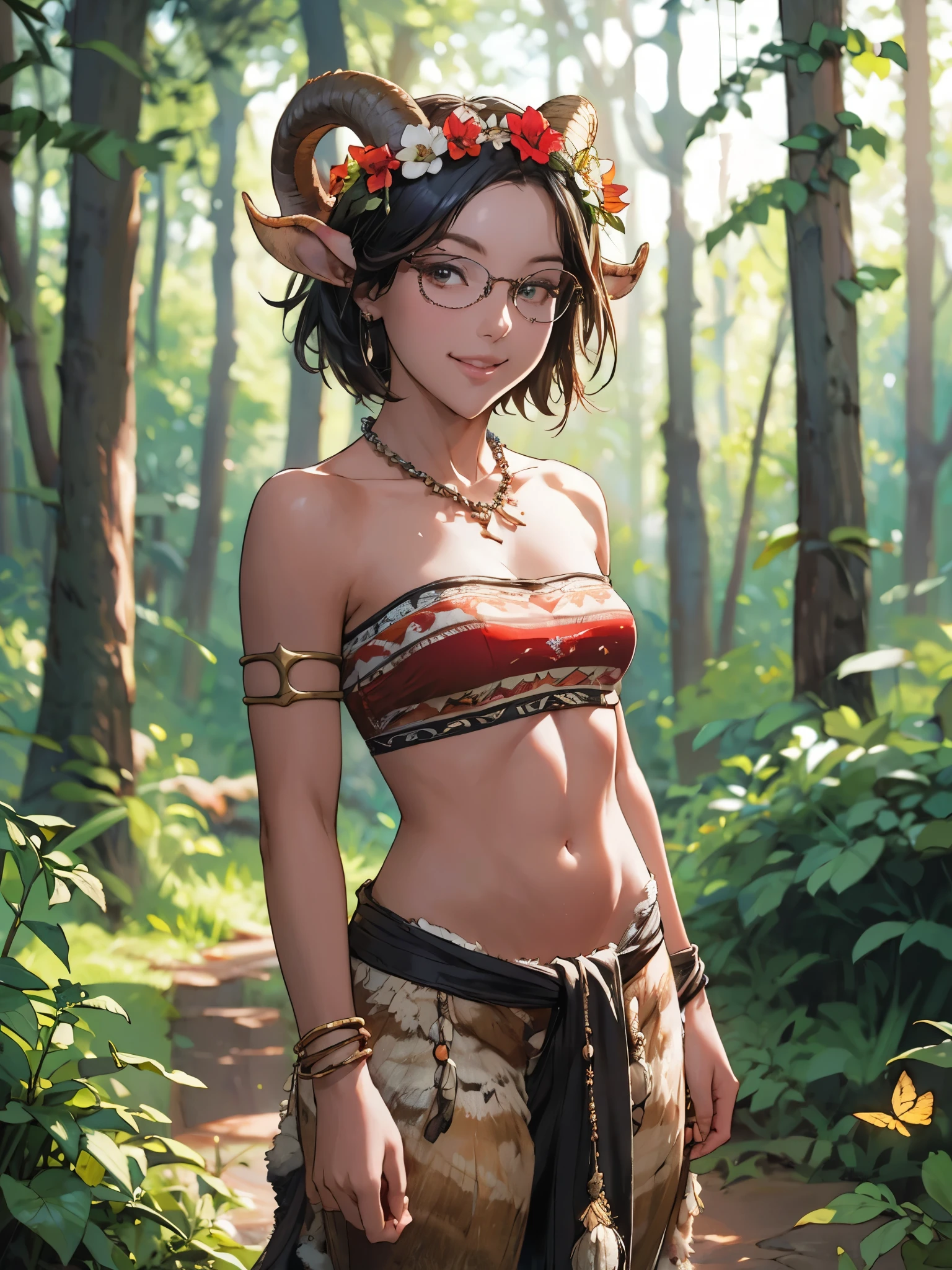 girl, satyr, forest, fur pants, furry, tube top, short hair, goat horns, looking at viewer, smile, tribal feathers necklace, bracelet, armlet, navel, loin cloth, lush forest, dappled sunlight, masterpiece, best quality, beautiful, sexy, flower crown, glasses, sharp focus, low light, beautiful flowers, colorful, small butterflies around,