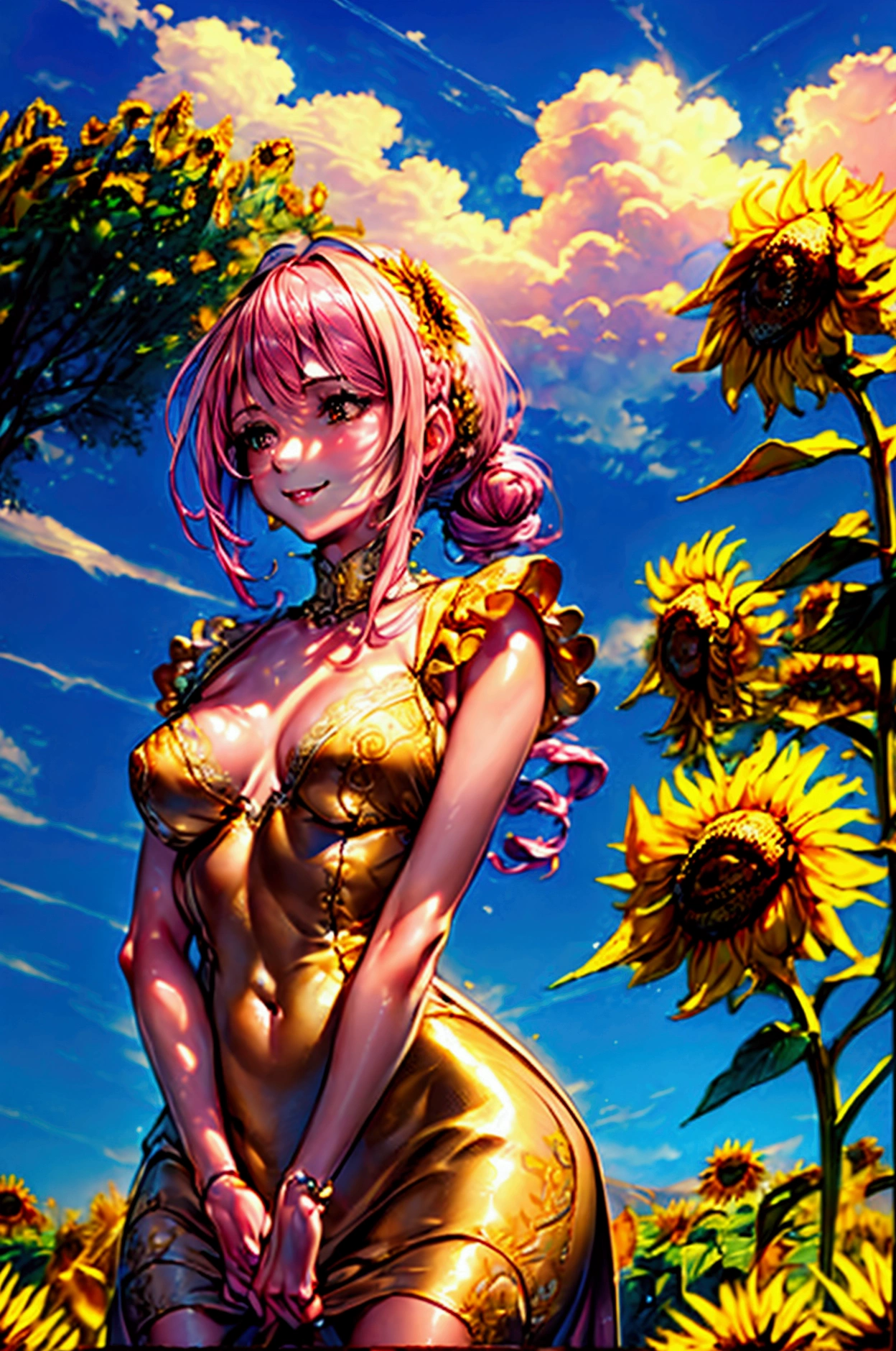 masterpiece, ((ultra detailed background, delicate pattern, intricate detail)), (highly detailed, fine details), best quality, beautiful lighting, (portrait),  Rebecca, 1girl, solo, long braid, pink hair, ((slim girl, medium breasts, cowboy shot)), smile, yellow dress, fluffy dress, brown eyes, complex detailed background, sunflowers, field, outside, nature environment, blue sky, sky, tree,  