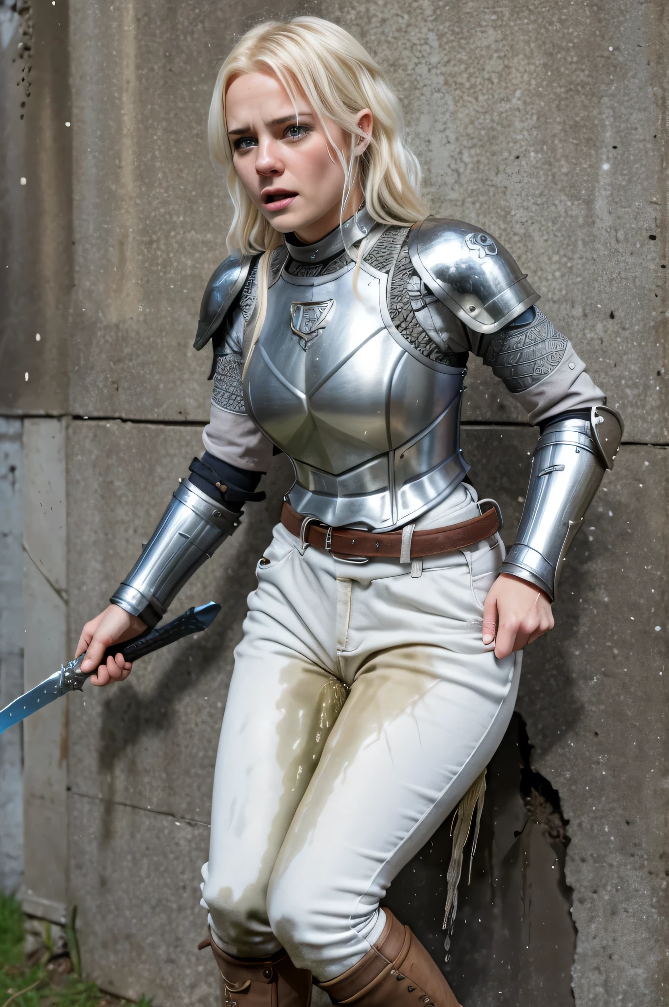 8k high resolution, best quality, scandinavian girl, 20 years old, short curly blonde hair, fantasy middleages, wearing white linnen riding breeches and a knightly silver chestplate armor, cowardly female knight, blue coat of arms, fighting a battle at a castle, tears running down her cheeks, smeared makeup, peeing her white riding breeches, pee pants accident, visible wet white riding breeches, terrified, peeing herself, cowardly, scared, visibly wet peestain, pee running down her legs, visibly wet fabric of her riding breeches, unexperienced knight, scabbard at her belt, white linnen breeches, fighting in a battle, sword in hand, shiny blue eyes, dark sky at night, sword and shield in hands, fighting, linen breeches