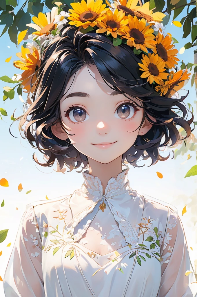 (masterpiece、Please redeem、Please redeem、Beautiful and beautiful:1.2)、(good anatomy:1.5)、3D MM full body shot、Drawing of a girl with short straight hair、White blouse、A shy smile、Looking at the camera、Flowers and leaves on the head、Calendula