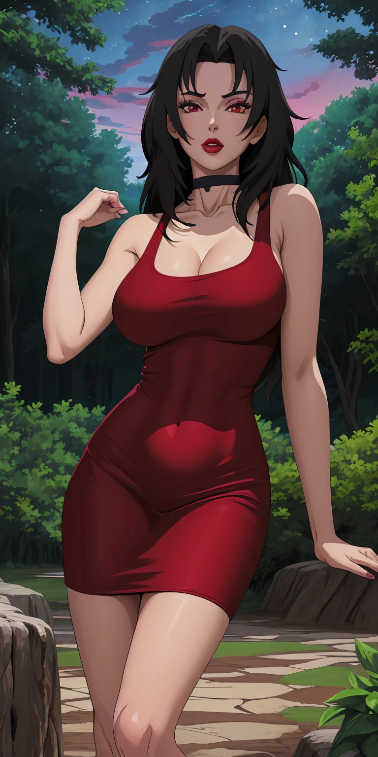 masterpiece, best quality, extremely detail 8k cg, high resolution, 1girl, mature female, RedTankTop_KurenaiYuhi_ownwaifu, 1girl, black hair, long hair, lipstick, makeup, red eyes, red lips, medium breasts, lips, cleavage, red dress, short dress, collarbone, tank top, bare shoulders, choker, collarbone, titsonastick, beautiful face, night time, konohavillage, outdoors, forest