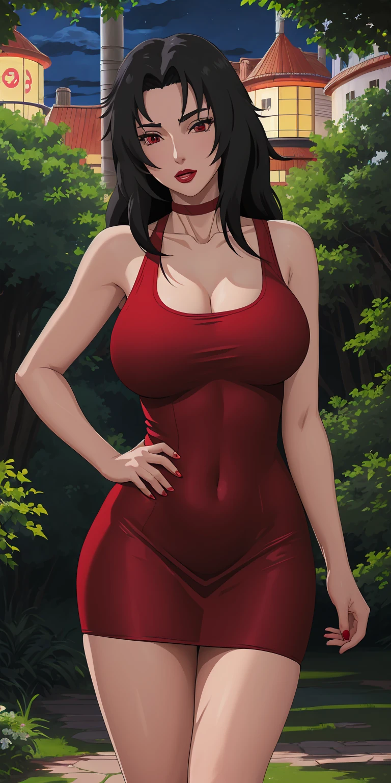 masterpiece, best quality, extremely detail 8k cg, high resolution, 1girl, mature female, RedTankTop_KurenaiYuhi_ownwaifu, 1girl, black hair, long hair, lipstick, makeup, red eyes, red lips, medium breasts, lips, cleavage, red dress, short dress, collarbone, tank top, bare shoulders, choker, collarbone, titsonastick, beautiful face, night time, konohavillage, outdoors, forest