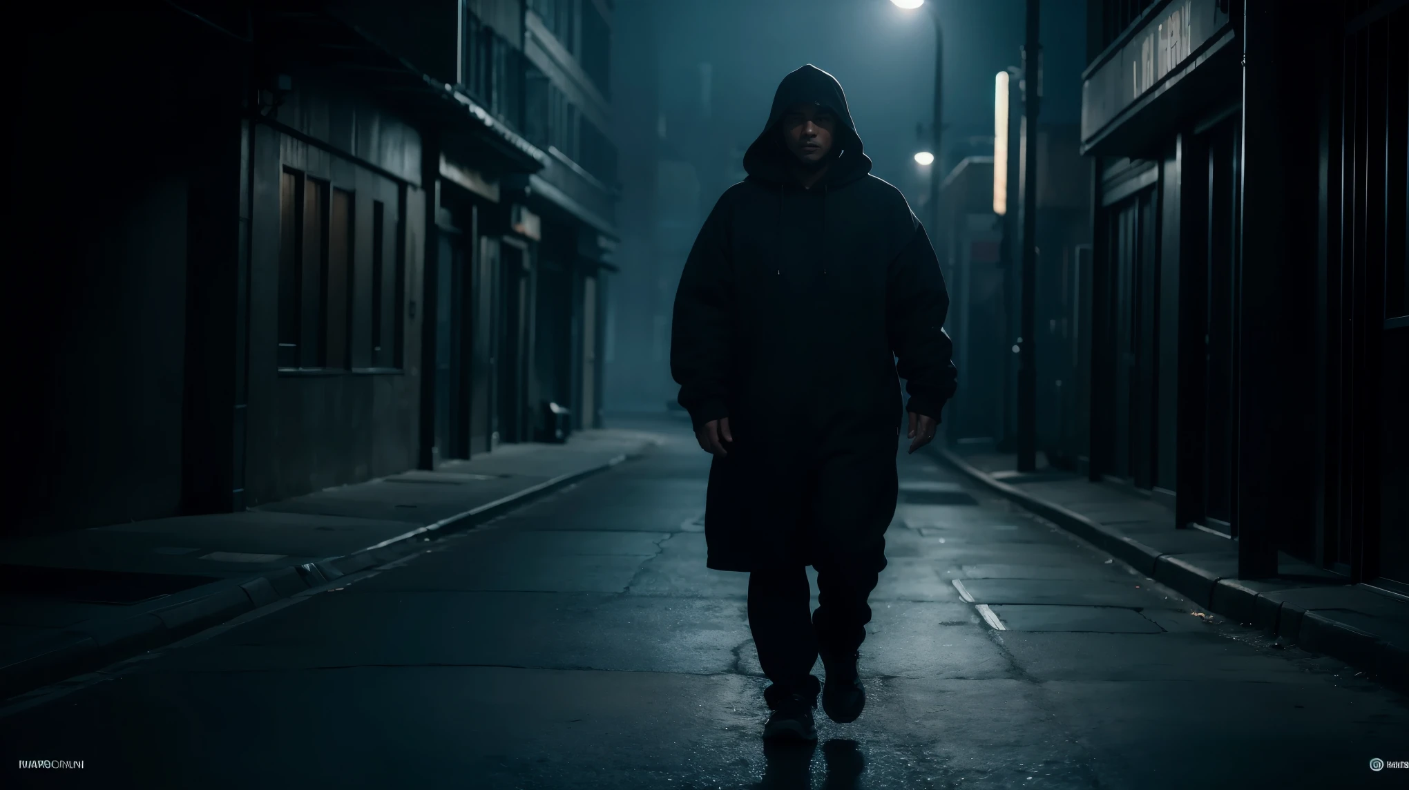 DARK COLORS, Shades of black, male character in the center of the image, wear a hooded sweatshirt coat, cigarette in mouth, strong man, full body, strong man,  walking alone on a dark street, white light coming from the top right corner of the art illuminating a bit of the man&#39;s face, poor visibility, serious face, eyes with aura of fire, looking at the camera, REALISTIC ART, ultra detailed, Maximum resolution, 8k, without defects.