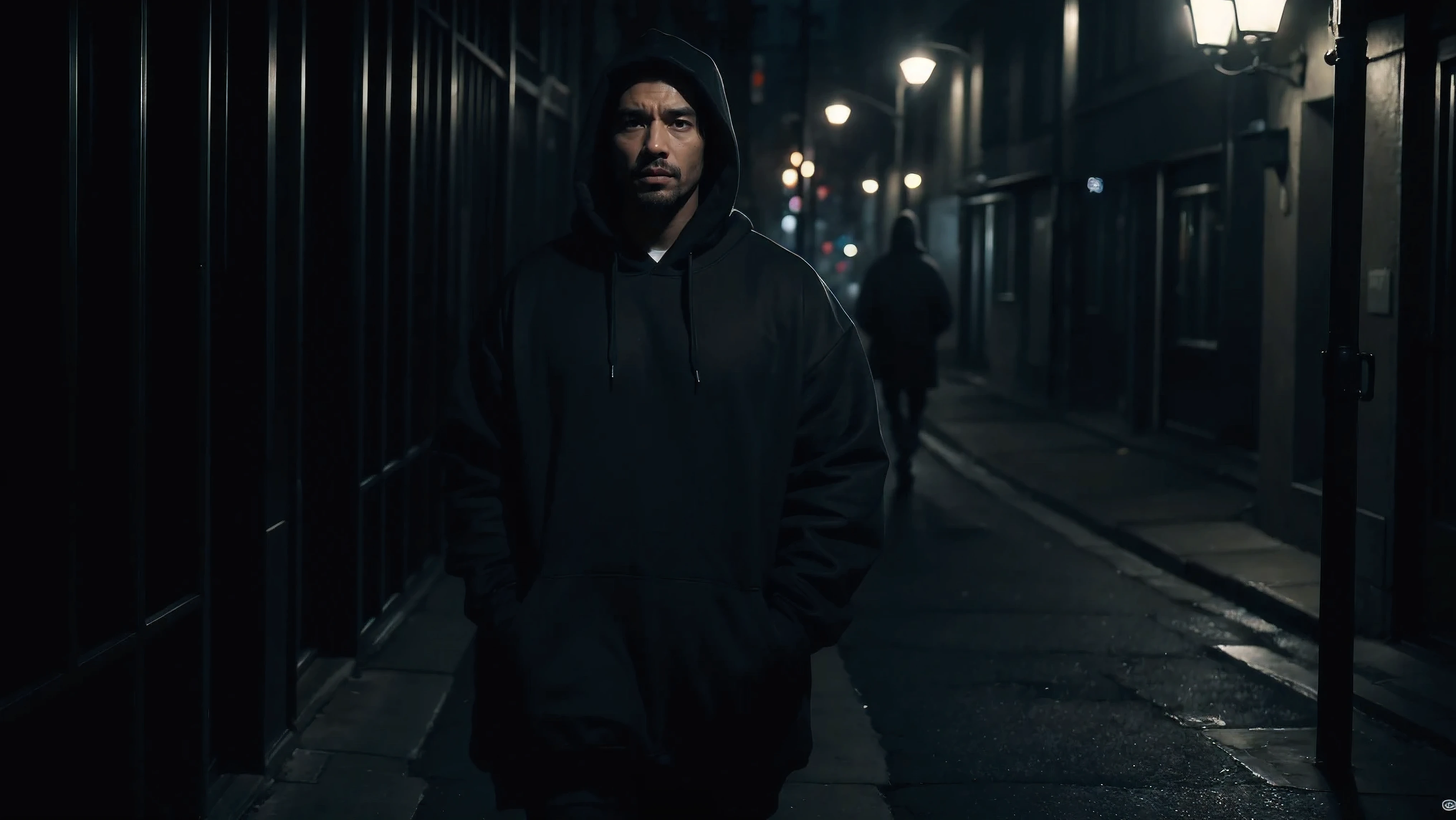 DARK COLORS, Shades of black, male character in the center of the image, wear a hooded sweatshirt coat, cigarette in mouth, strong man, full body, strong man,  walking alone on a dark street, white light coming from the top right corner of the art illuminating a bit of the man&#39;s face, poor visibility, serious face, eyes with aura of fire, looking at the camera, REALISTIC ART, ultra detailed, Maximum resolution, 8k, without defects.