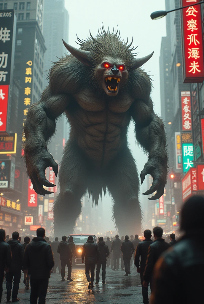 Tokyo、30 people are running away from a large black man-like monster、The monster's eyes glow yellow.、The monster bends down and peers at the man.、Dynamic pose、Horror、Late Night、Very dark、Everyone is running as fast as they can towards the camera.、Fearful expression、Photographed from below、Cinematic lighting、Cinematic Angles