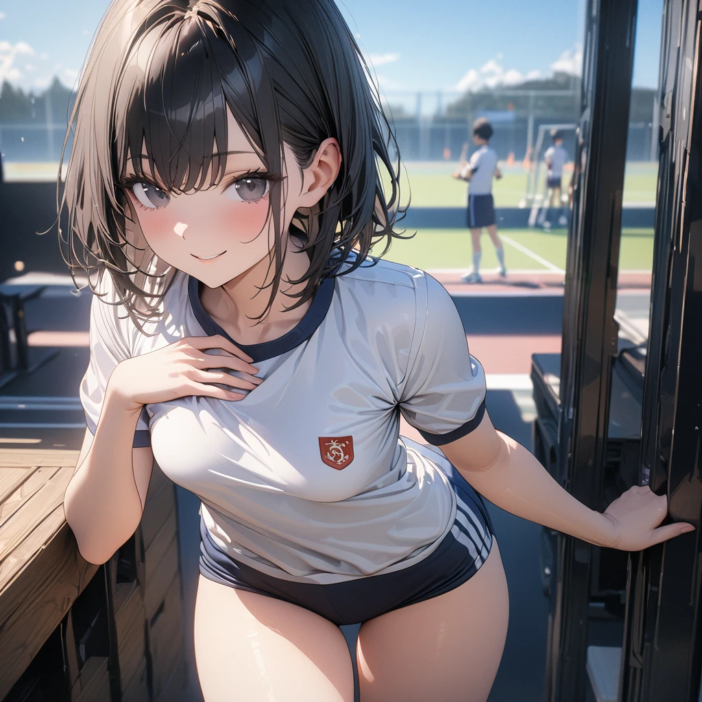 muste piece、masterpiece、highest quality、Super detailed、High resolution、8K portrait、High definition CG of Unity 8k wallpaper、cute type little:1.5、Lori:1.5、Highly detailed CG unity 8k wallpaper、Realistic、real person、 portrait photography、shiny skin、High definition、(************:1.2)、(1 girl)、beautiful clear eyes、extremely detailed description、delicate face、nice lips、slender body、medium breasts 同 thin waist、thin legs、(Atlantic stadium track:1.6)、1 girl, cute type, perfect face, seriously, (blush:1.5),(black hair bun hair:1.3),medium breasts 同,((short sleeve gym clothes:1.2)),(((clothes lift:1.5))), (((I have nipples))),(get down on one knee:1.5),(spread legs:1.2),(pussy:1.2),(((climax in vagina:1.5))),(from front:1.2),gran