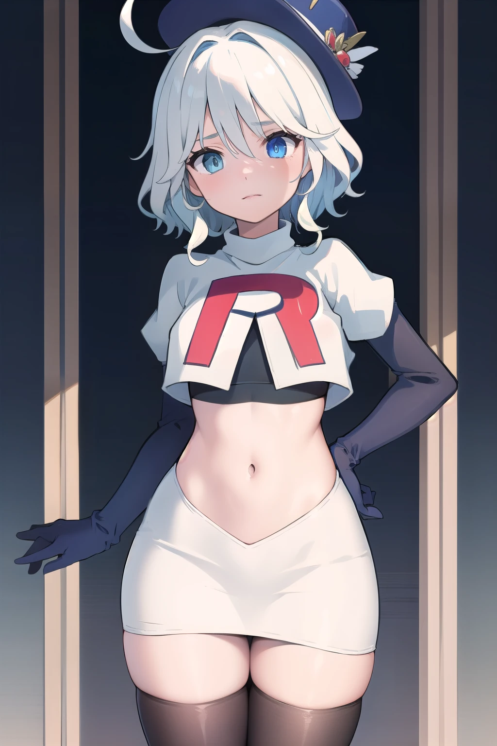 ((masterpiece,best quality)), 1girl, furina, heterochromia, blue hat, ahoge, team rocket,team rocket uniform,white skirt,red letter R,crop top,black thigh-highs,black elbow gloves, cowboy shot,