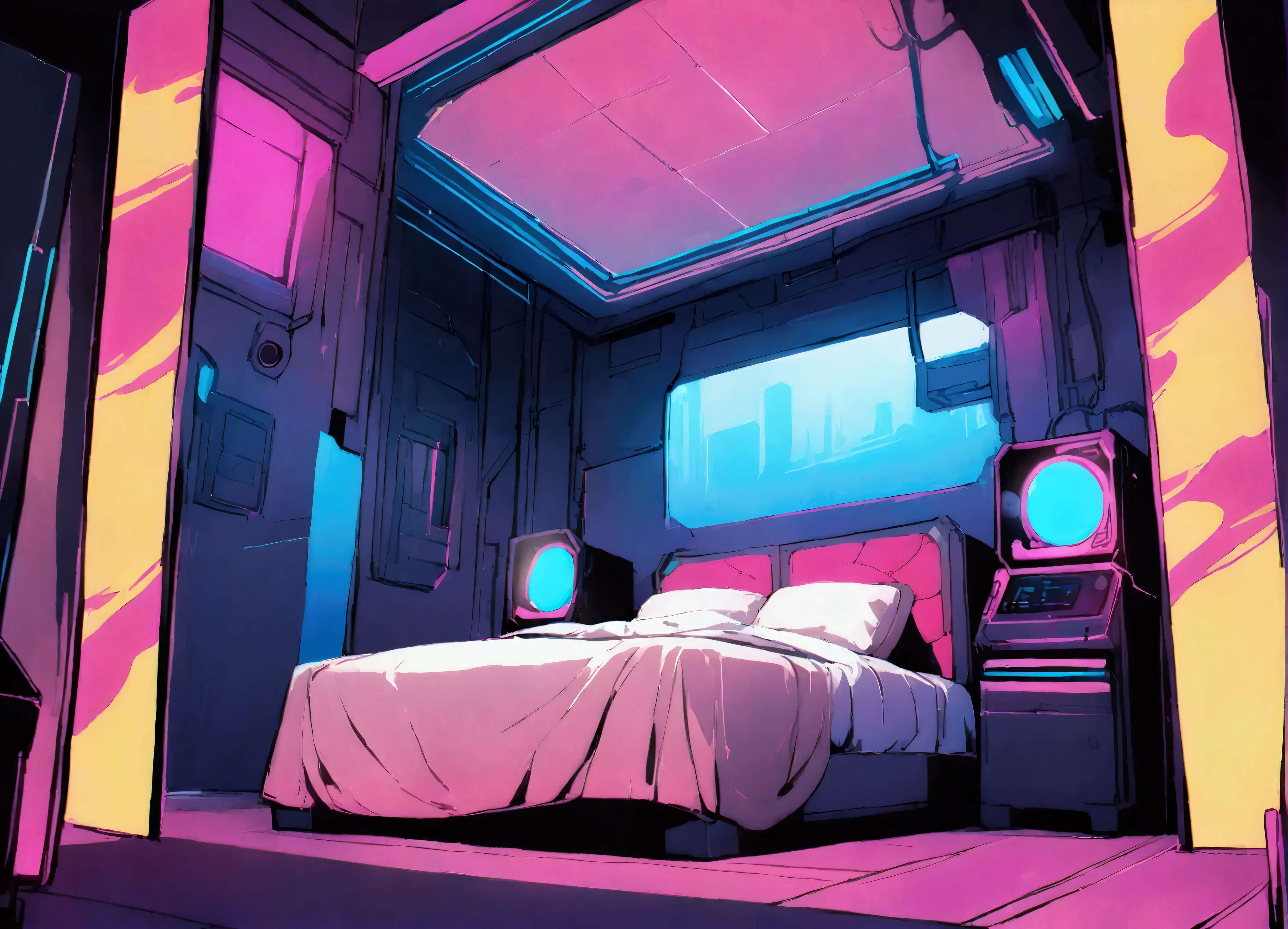 (dark cyberpunk comics style,broad brushstrokes:1.1),
man in a (cyberpunk:1.2) bedroom,underwear,bed,
(comics drawing using rough brushstrokes:1.1)