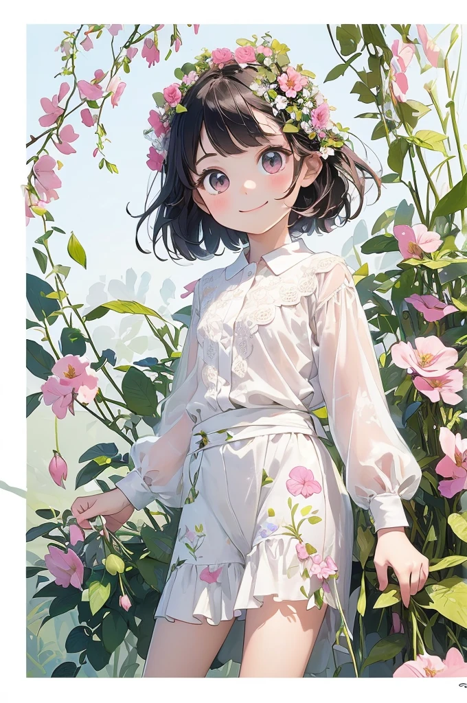 (masterpiece、Please redeem、Please redeem、Beautiful and beautiful:1.2)、(good anatomy:1.5)、3D MM full body shot、Drawing of a child with short straight hair、White blouse、A shy smile、Looking at the camera、Flowers and leaves on the head、Sweet Pea