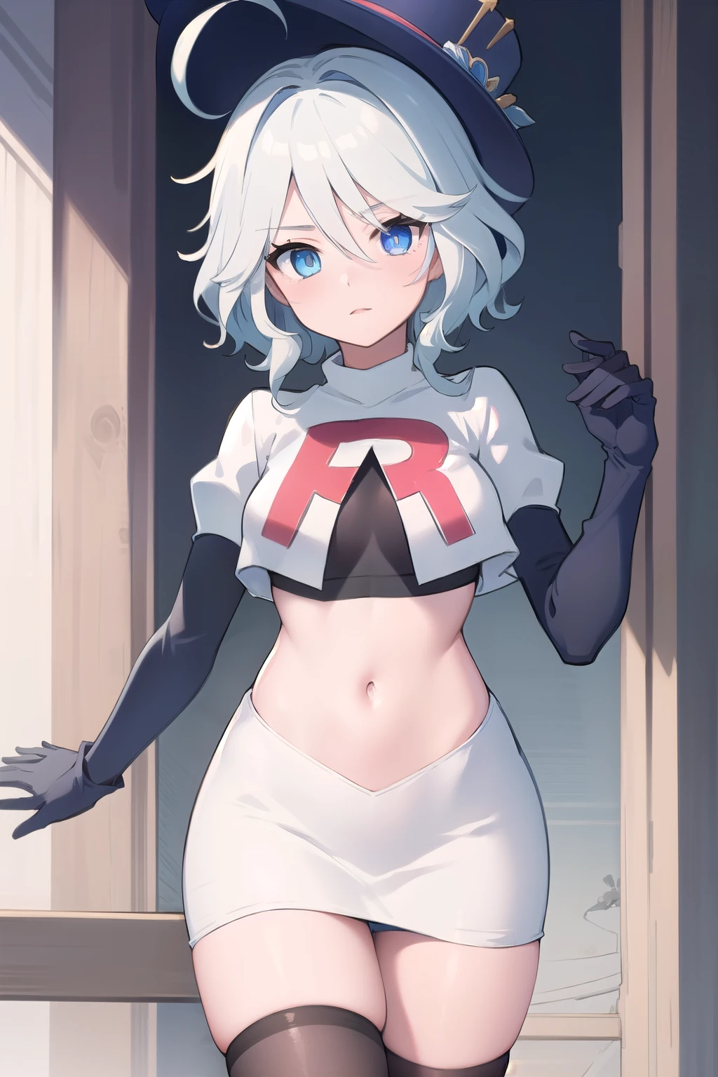 ((masterpiece,best quality)), 1girl, furina, heterochromia, blue hat, ahoge, team rocket,team rocket uniform,white skirt,red letter R,crop top,black thigh-highs,black elbow gloves, cowboy shot,