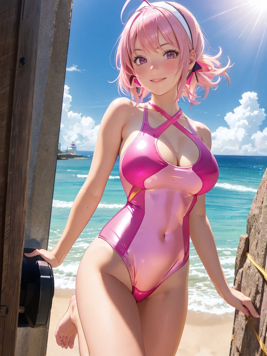 8k ultra high resolution, top-quality,Super detailed,Award-winning:1.3,Original photo, Smile and show it to me,blush, Page stain,Anatomically correct, beautiful body and limbs,One Girl,(Wear a competitive swimsuit:1.3),(bare shoulders:1.01),Big Breasts, One Girl, (Ham Cannon,short hair, Antenna Hair, Hair Ribbon),Pink Hair,Pink Eyes,Yellow Hair Ribbon, Pink metallic swimsuit,One piece metallic swimsuit,Climbing the lighthouse,In front of the lighthouse lens,Fresnel Lens,The lighthouse&#39;s luminous part,Pose as if holding a lighthouse in hand,Right palm facing up