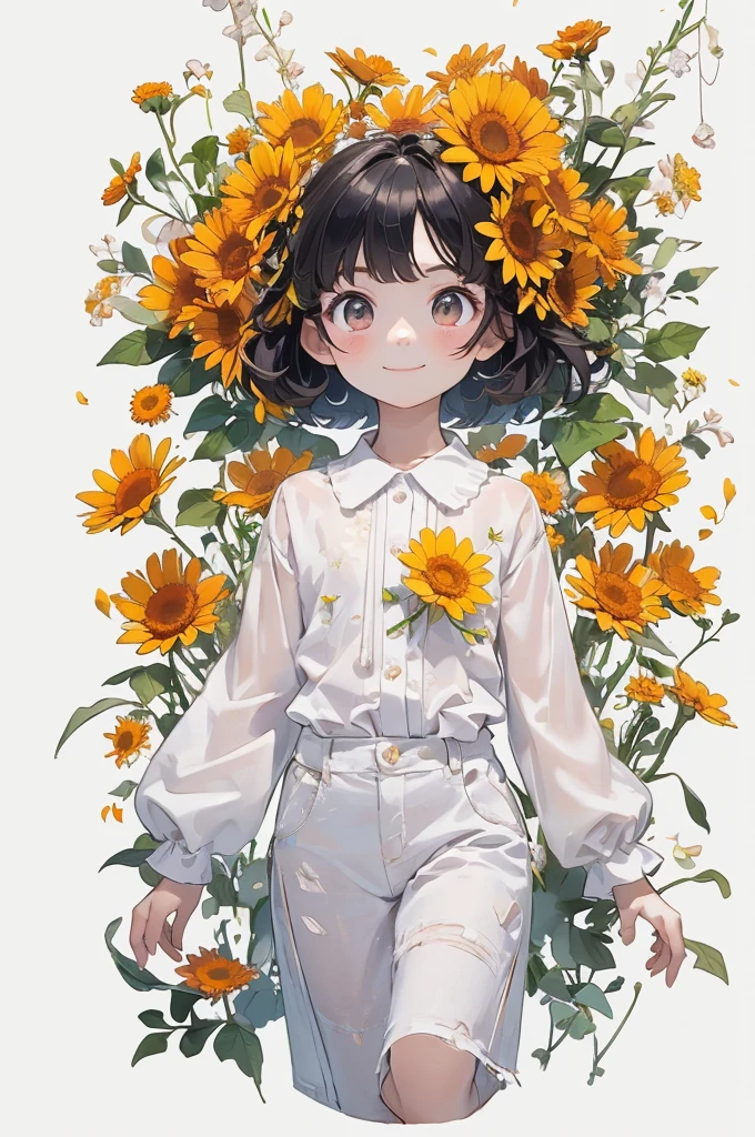 (masterpiece、Please redeem、Please redeem、Beautiful and beautiful:1.2)、(good anatomy:1.5)、3D MM full body shot、Drawing of a  with short straight hair、White blouse、A shy smile、Looking at the camera、Flowers and leaves on the head、Calendula