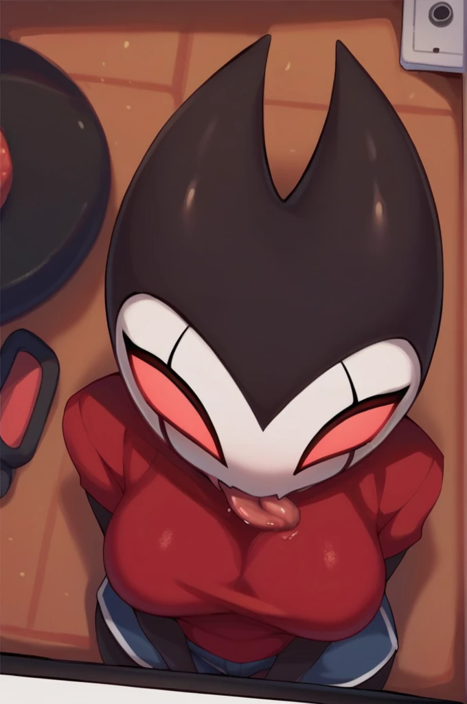 score_9, score_8_above, score_7_above, score_6_above, zPDXL2, left \(Hollow Knight\), vampire, bat, 1 , cute face, detailed eyes, big boobs on screen, red shirt, shorts brancos, licking the screen 