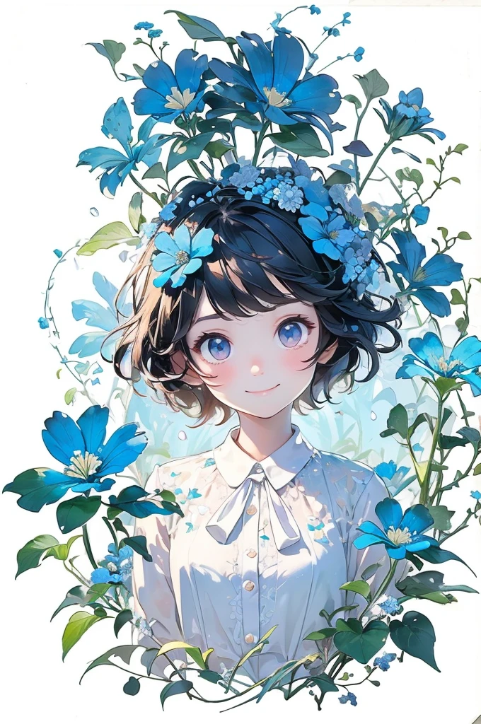 (masterpiece、Please redeem、Please redeem、Beautiful and beautiful:1.2)、(good anatomy:1.5)、3D MM full body shot、Drawing of a child with short straight hair、White blouse、A shy smile、Looking at the camera、Flowers and leaves on the head、Nemophila