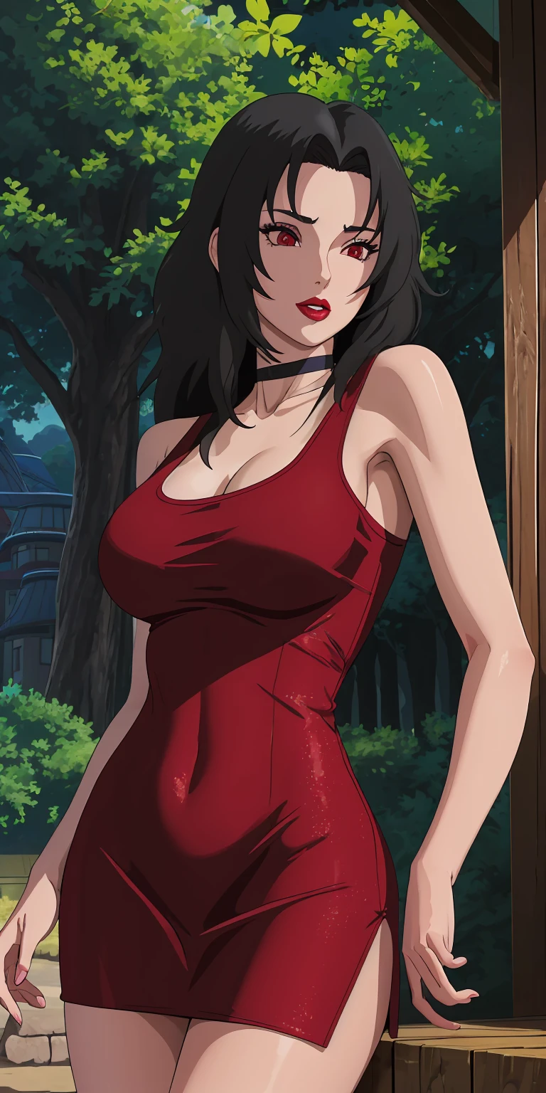 masterpiece, best quality, extremely detail 8k cg, high resolution, 1girl, mature female, RedTankTop_KurenaiYuhi_ownwaifu, 1girl, black hair, long hair, lipstick, makeup, red eyes, red lips, medium breasts, lips, cleavage, red dress, short dress, collarbone, tank top, bare shoulders, choker, collarbone, titsonastick, beautiful face, night time, konohavillage, outdoors, forest