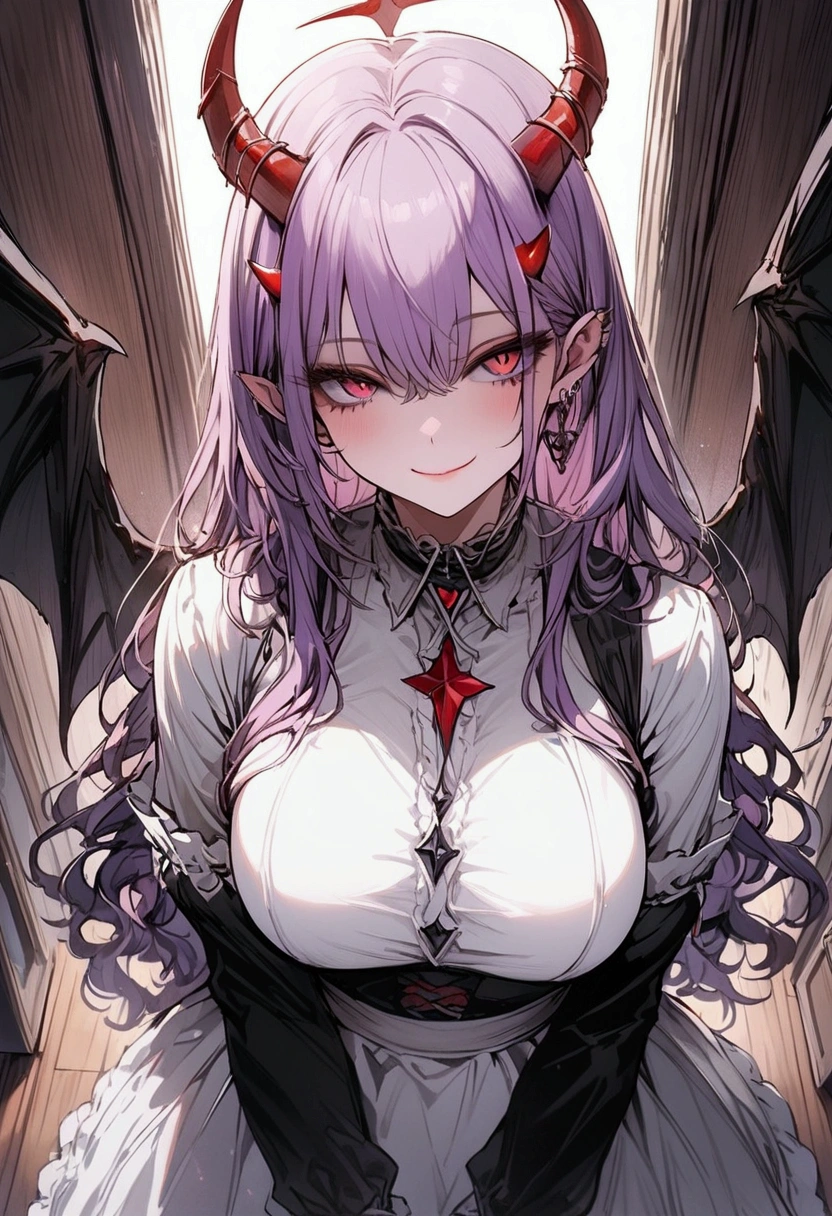 Purple hair, long hair, adult female, red horn on the head, devil wing on the back, succubus, room, standing, sharp eyes, bright smile, looking at me, big chest, exposed costume, casual clothes, a maid's dress, masterpiece, full_shot, illustration