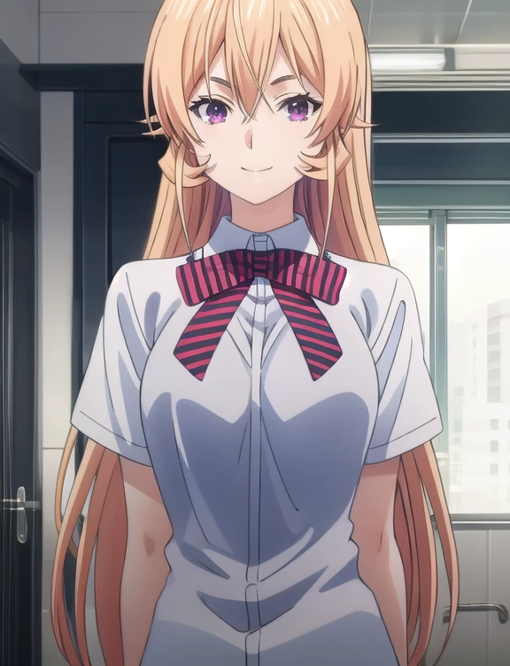 Tall body, Tall, Long legs, Mature female, Mature, adult, It has_genius, One girl, Alone, Purple eyes, Long Hair, smile, View your viewers, School Uniform, Blonde, bow, shirt, Upper Body, white shirt, Striped, Striped bow, bowtie, chest, Hair between the eyes, Short sleeve, Mouth closed, large chest, collared shirt, bangs, red bow, Striped bowtie