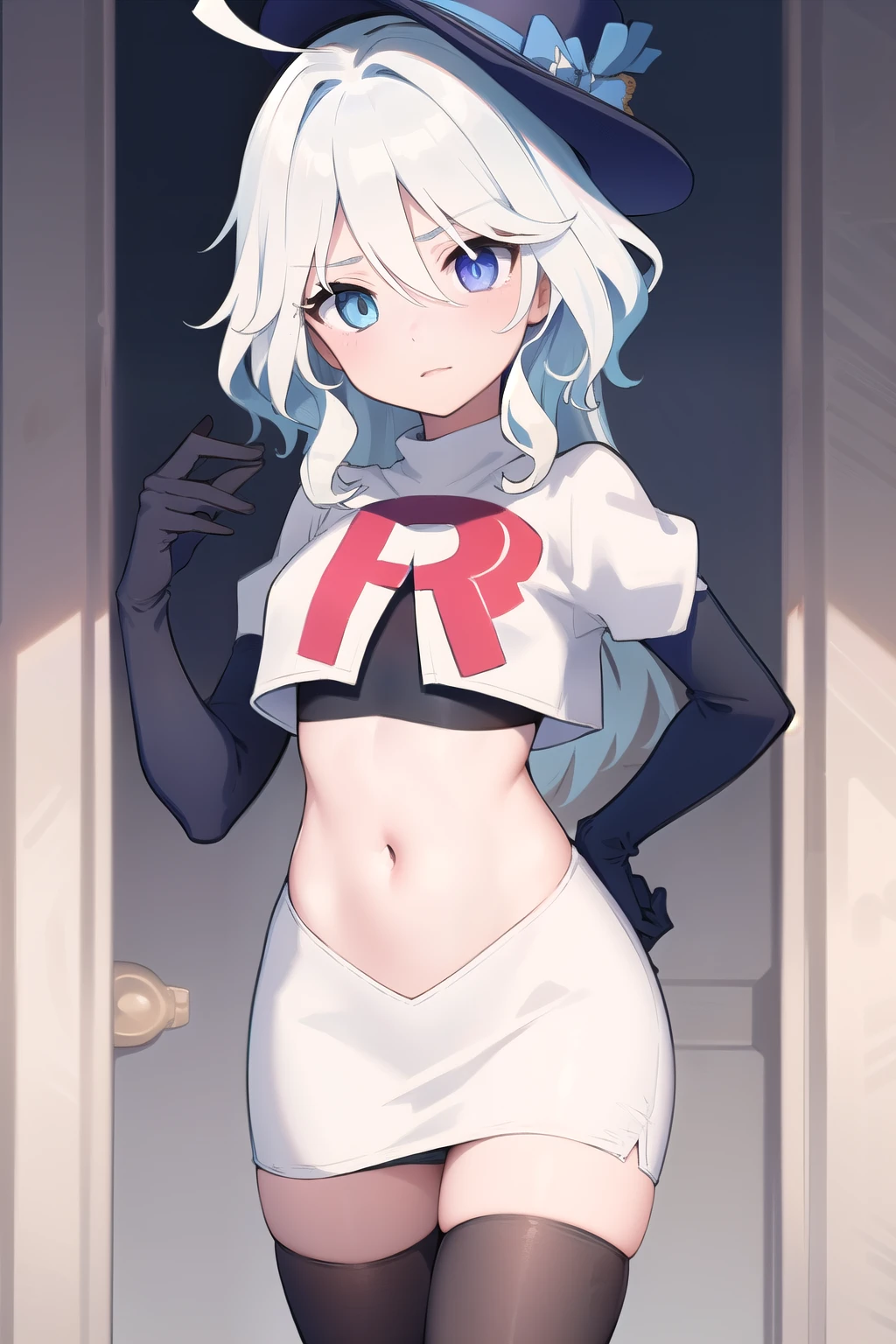 ((masterpiece,best quality)), 1girl, furina, heterochromia, blue hat, ahoge, team rocket,team rocket uniform,white skirt,red letter R,crop top,black thigh-highs,black elbow gloves, cowboy shot,