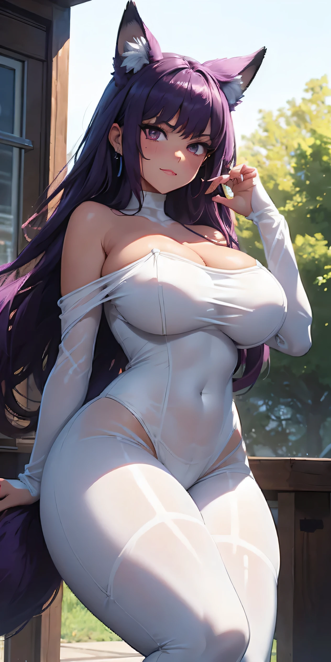 beautiful, breathtaking mature fox-woman, large, sagging breasts, purple hair with white streaks, purple eyes, earrings, (short shorts, superiority, naughty, thick thighs, off-shoulder sweater, long sleeves, with a sexy neckline: 1.1), (micro shorts: 1.1), black thigh high socks, ((masterpiece, best quality; 1.3)), ultra detailed, 8k unity wallpapers, CG, ray tracing, illustration, colorful, cinematic shadow, extremely detailed and beautiful background, vhd, VRay Shading, RT)), (slutty face: 1.2), mischievous smile, (large saggy breasts), wide hips, big ass, flirting with the viewer, facing the viewer, facial blush, standing in front, cute sexy pose, cowboy shot, on home porch, night, bright, bright light, ultra detailed, scenic, atmospheric, bimbo, big lips, detailed face and eyes, tilt headshot, intimacy, medium shot, thigh height, from below, gyaru, hair clip, ((((wearing white sheer fullbody suit))))