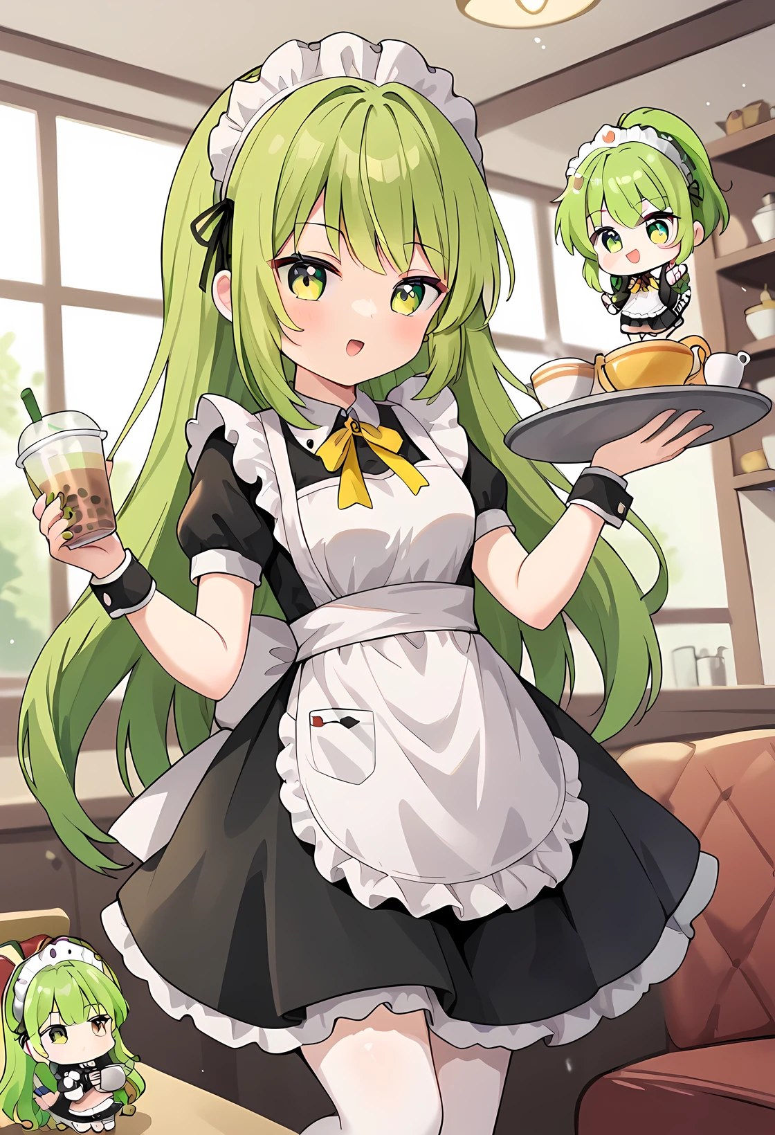 UHD, ((masterpiece)), (super detail:1.2), high quality, best quality, highres, 8k, Yellow-green hair, maid, maid outfit, maid apron, chibi, Carrying a cup of tea on a tray, try as hard as one can,