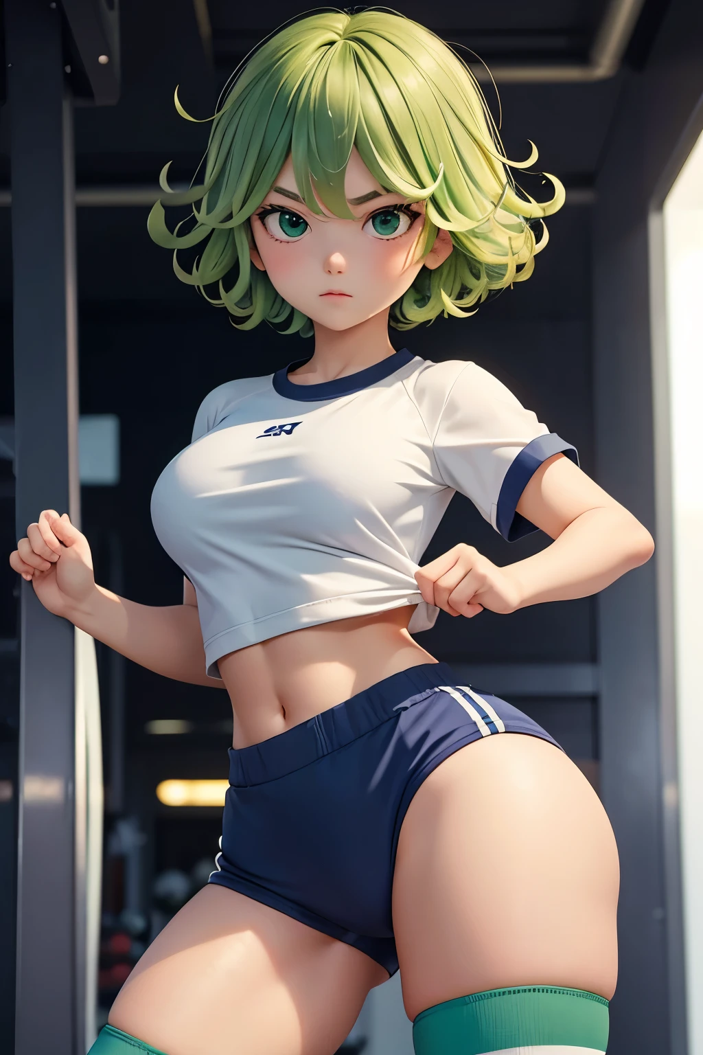 One girl, solo, High resolution, Tatsumaki/One Punch Man、Gym clothes、White shirt、Green bloomers and navy blue knee-high socks、High-cut, fitted sports shorts