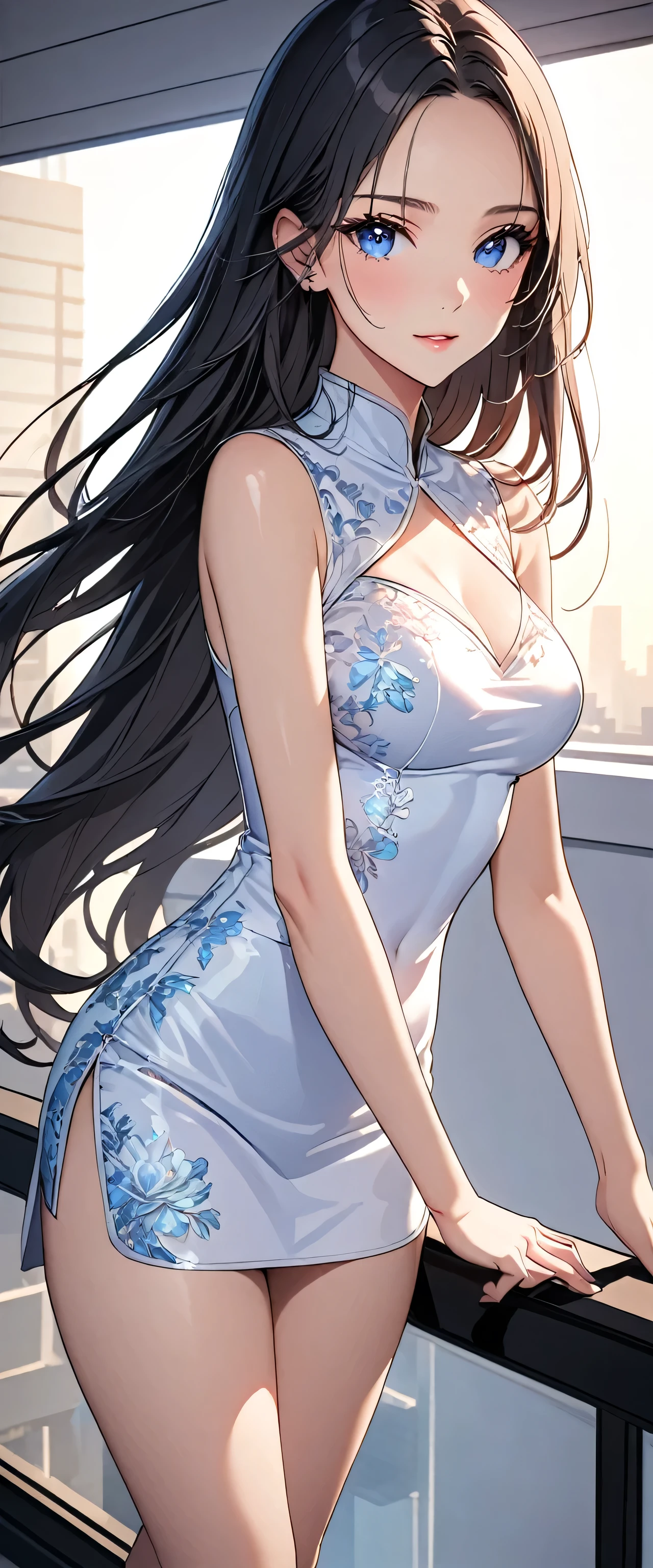 (8k, best quality, masterpiece:1.2), high quality, ultra high definition, (extremely detailed wallpaper), sharp focus, crisp details, vibrant colors, intricate details, (Tall, slim, with a body shape close to seven heads:1.3), (1girl:1.3), (Alone), (Perfect Anatomy:1.3), animation style, (Best Illumination:1.3), soft light on face, (focus on face:1.7), face is the focal point, cinematic lighting, (darkgray, big wave long hair:1.3), BREAK, (low hair volume:1.7), (Parted Bangs:1.3), (forehead:1.3), shiny hair, BREAK, (Beautiful Face:1.3), cute symmetrical face, ( face:1.6), Pink Lips, BREAK, shiny skin, Brilliant skin, (blue eyes:1.3), BREAK, (beautiful detailed eyes:1.3), meticulous eyelashes, sharp and sparkling pupils, intricate iris with subtle reflections and highlights, high resolution, depth and dimension in the eyes, captivating reflections, subtle color variations, BREAK, (medium breasts:1.2), (Beautiful breasts:1.3), BREAK, (((slender hips:1.7))), (beauty legs:1.3), narrow waist, ((slim thighs:1.7)), ((fit and toned legs:1.7)), (sexy body:1.7), (beautiful body:1.7), (17 ycrimson china dress:1.7), (vibrant crimson :1.7), (modest neckline:1.5), elegant style, chest coverage, simple traditional design, no sleeve BREAK, (high heels:1.3), (face shot:1.3), (front viwe:1.3), (dutch angle:1.3), looking at viewer, (standing:1.7), BREAK, simple background, (Pure white background:1.5), (background is pure white), (no objects in the background), (backlighting:1.3), (penthouse:1.7), BREAK,