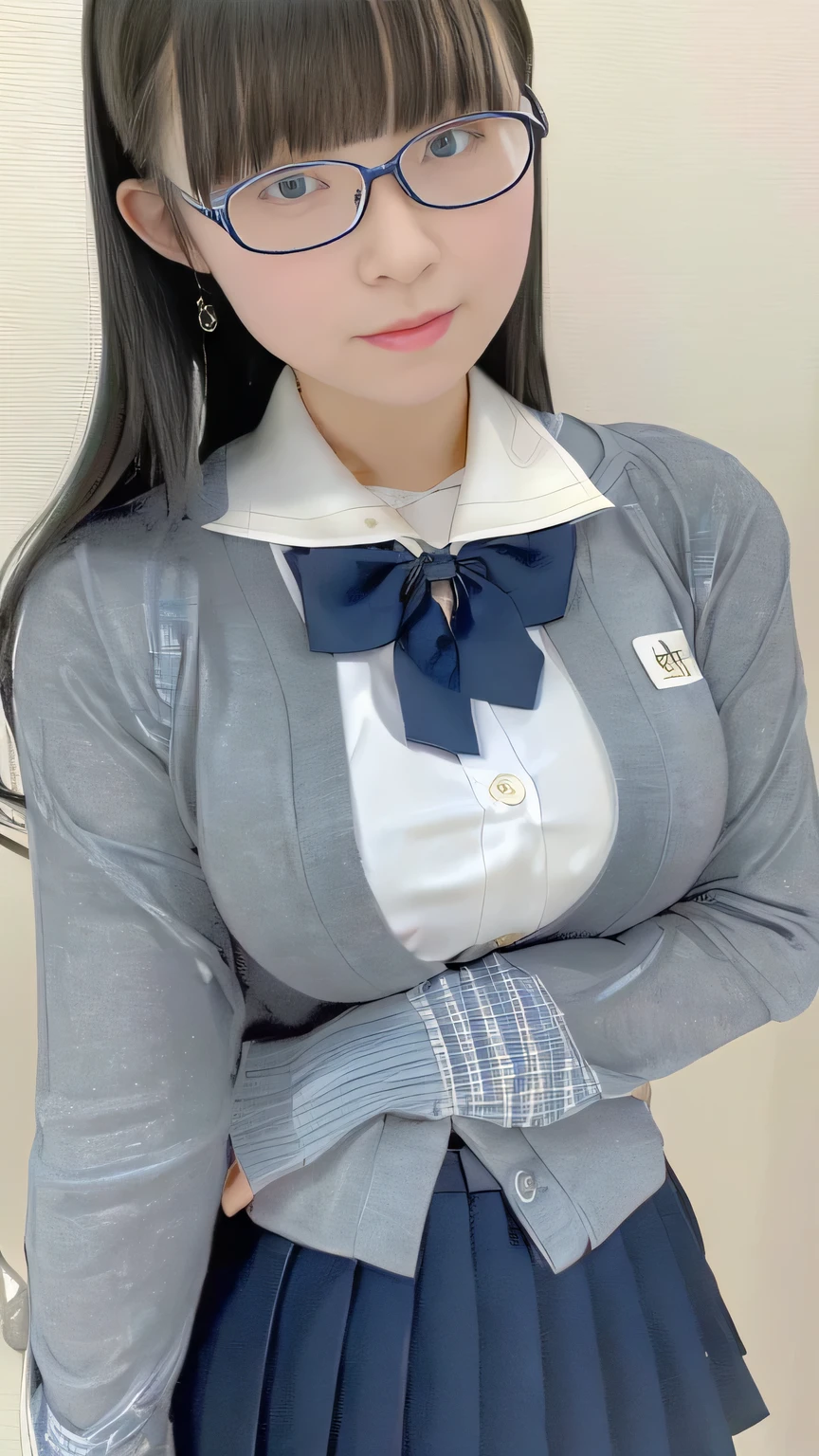Alone、High school girl、Full Body Shot、Natural body shape、White skin、Natural Makeup、Black Hair、bangs、Straight Long Hair、Mature、smile、((((School Uniform、White blouse、Grey long sleeve cardigan、Blue checked student ribbon、Navy blue pleated skirt、mini skirt))))、、(((Big Breasts:1.2)))、((The upper body is wearing a uniform))、School classroom、(((((Looking at the camera)))))、Exposing thighs、Focus on the chest、(Glasses)