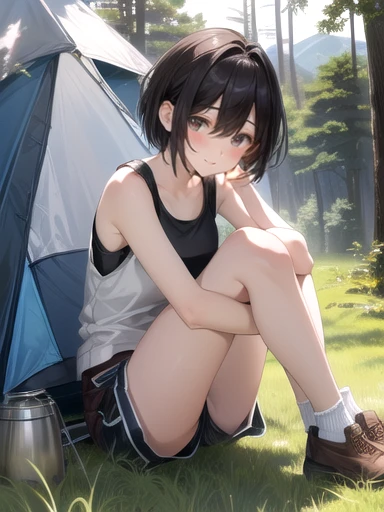 High-resolution images, Highest quality, (Round face), Pause, Realistic eye size, Droopy eyes, Check shirt, (Slap your crotch on the corner of the table、Masturbate), Big Sky, Mountain々, in the forest, sunlight, Very short hair, (Many camping equipment),