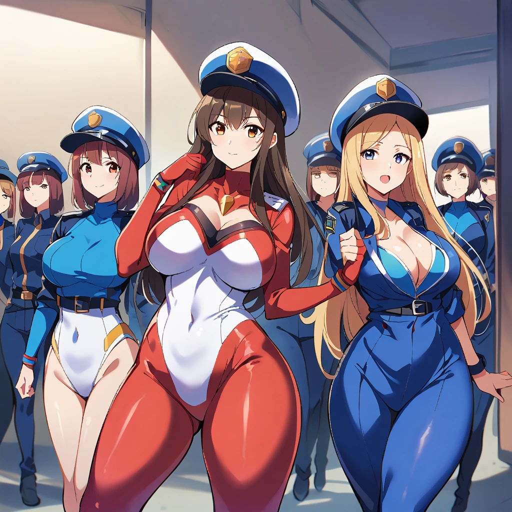 super sentai series, mecha bodysuits, police hat, police jacket (((opened))),  girls surrounding, multiple girls, curvy body