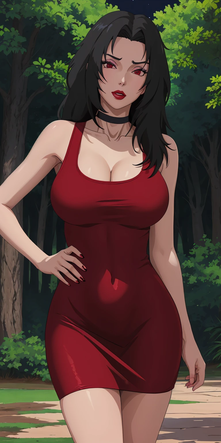 masterpiece, best quality, extremely detail 8k cg, high resolution, 1girl, mature female, RedTankTop_KurenaiYuhi_ownwaifu, 1girl, black hair, long hair, lipstick, makeup, red eyes, red lips, medium breasts, lips, cleavage, red dress, short dress, collarbone, tank top, bare shoulders, choker, collarbone, titsonastick, beautiful face, night time, konohavillage, outdoors, forest