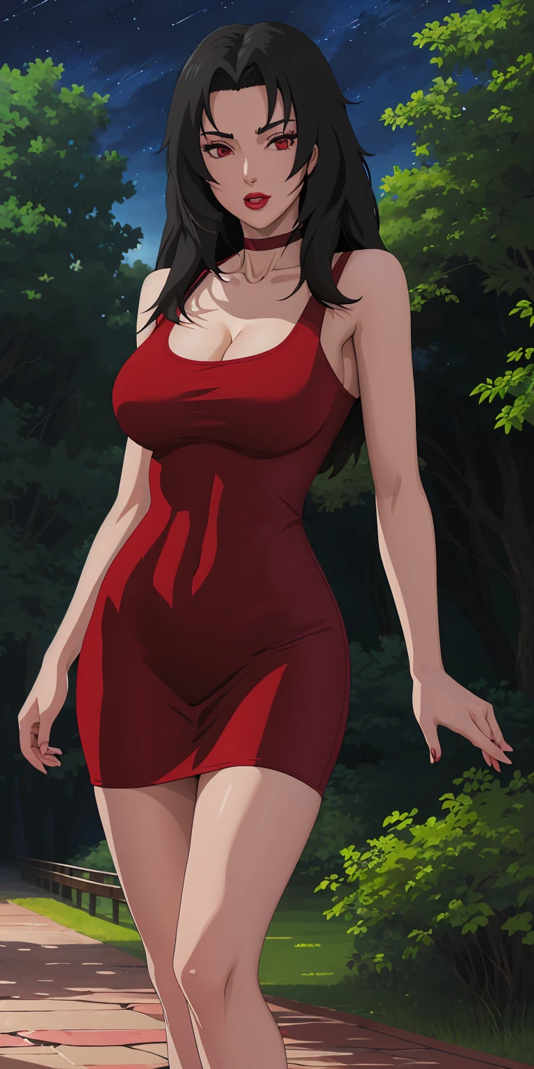 masterpiece, best quality, extremely detail 8k cg, high resolution, 1girl, mature female, RedTankTop_KurenaiYuhi_ownwaifu, 1girl, black hair, long hair, lipstick, makeup, red eyes, red lips, medium breasts, lips, cleavage, red dress, short dress, collarbone, tank top, bare shoulders, choker, collarbone, titsonastick, beautiful face, night time, konohavillage, outdoors, forest