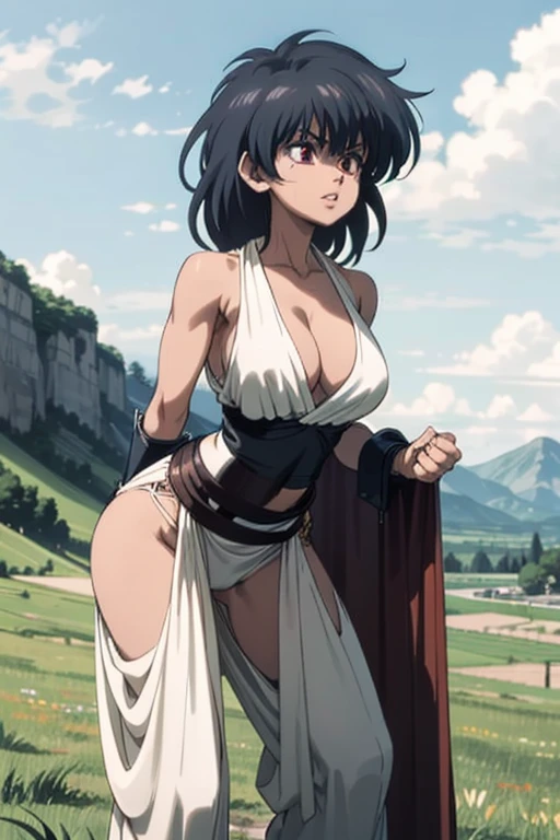 ((masterpiece)), ((best quality)), highres, <lora:Ankoku_no_Hakaishin:1>, kai_harn, 1girl, solo, blue eyes, ((brown skin)), short hair, spiked hair, black_hair, breasts, huge breasts, torn shirt, belt, navel, groin, midriff, bush, day, grass, jungle, leaf, nature, outdoors, plant, tree