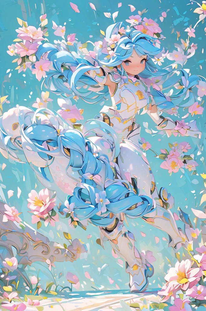 (masterpiece、Best Quality、super high quality、Beautiful and beautiful:1.2)、(Super cute girl 3DMM robot、Flowery hair)、Poly Sleeveless Armor、(theme:Fluffy Fantasy)、Pop pastel colors、Warm atmosphere、(Running surrounded by flowers:1.4)、Side light、8k、wallpaper