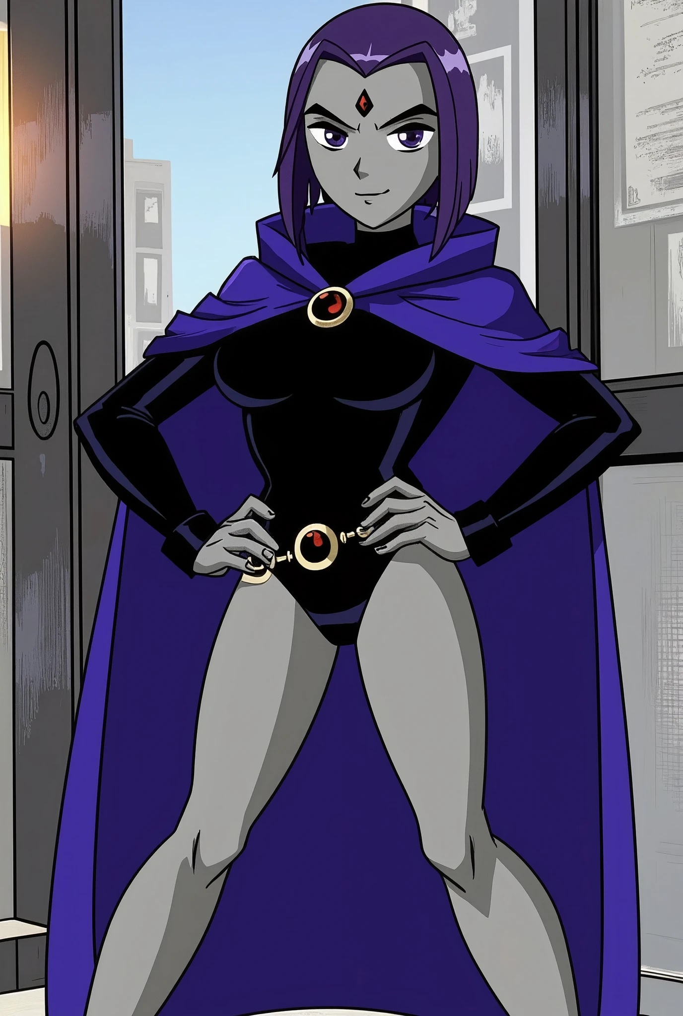 1girl,solo,RavenTT,navy-blue cloak, brooch, completely nude ,short hair,purple hair, purple eyes,makeup,black lipstick,grey skin,wide hips,curvy,cameltoe,outdoor,park,smirk,spread pussy,fist on hip