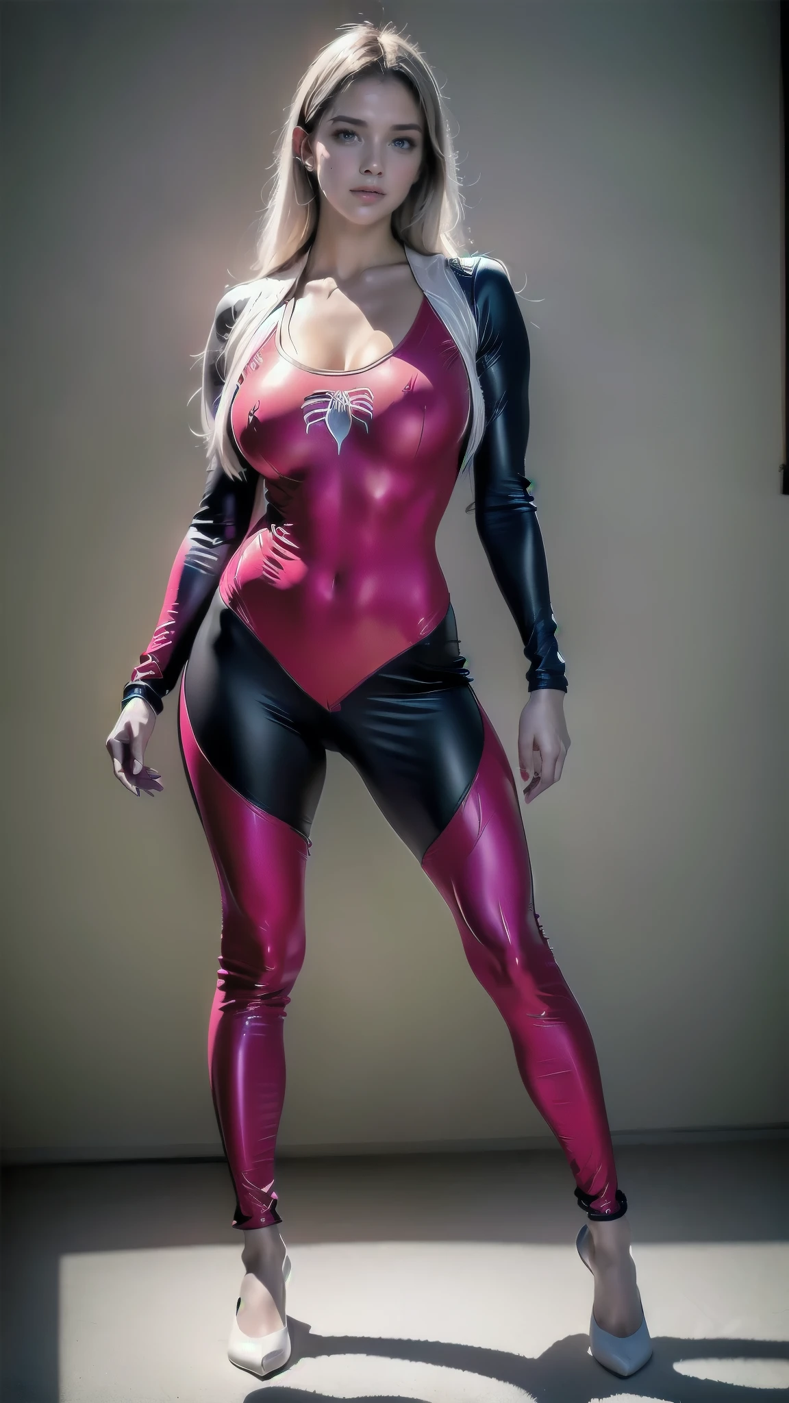 araffed woman in a spiderman costume posing for a photo, ( ( spider woman ) ), spider woman!!, spider woman!!!!!, spider woman, lara croft as spider woman, cables in your body, full body photo 4k, Marvel style, in spandex suit, Gwen Stacy, spiderman futuristic style, Gwen Stacy, spider - gwen, Spider-Gwen, 
body proportions, (Chapped lips:1.4), (blush de nariz:1.2), foreshortening, black cuts, (eye contact), High contrast, ultra high resolution, high resolution, detailed, Clean face,  (sensual face:1.5), (big purple eyes:1.2), (detailed eyes:1.4), (High resolution eyes:1.1), (ultra detailed skin texture:1.4), PERSEPHONE, Persephone, Persephone, (SFW:1.5),  (full body:1.8), (upper body up:0.3), (hyper realistic:1.4), (realistic:1.3), (best quality real texture skin), Detailed eyes, detailed face,