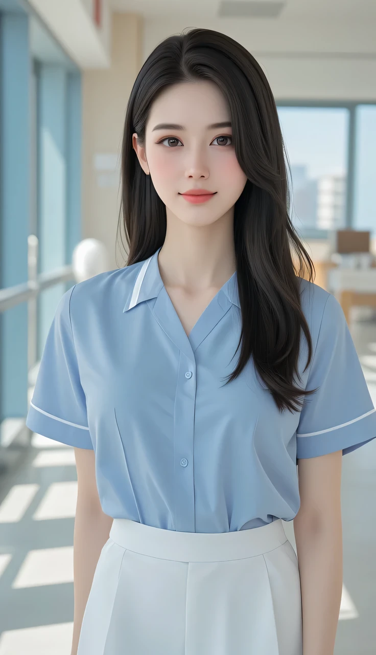 (1 Korean star with royal sister style), ((Best quality, 8K, 巨作: 1.3)), focal point: 1.2, Perfect body proportions: 1.4, (Make a smile),  （Ray traching）,Watery eyes, Highly Detailed Face and Skin Textur, Fine eyes, Double eyelids, Whitens the skin, (long whitr hair, Air bangs: 1.3), (face round: 1.5), (Student uniform: 1.4), (duck sitting，sit on a bed: 1.6),(black lence stockings: 1.4),(film grain style:1.3)，a sense of atmosphere