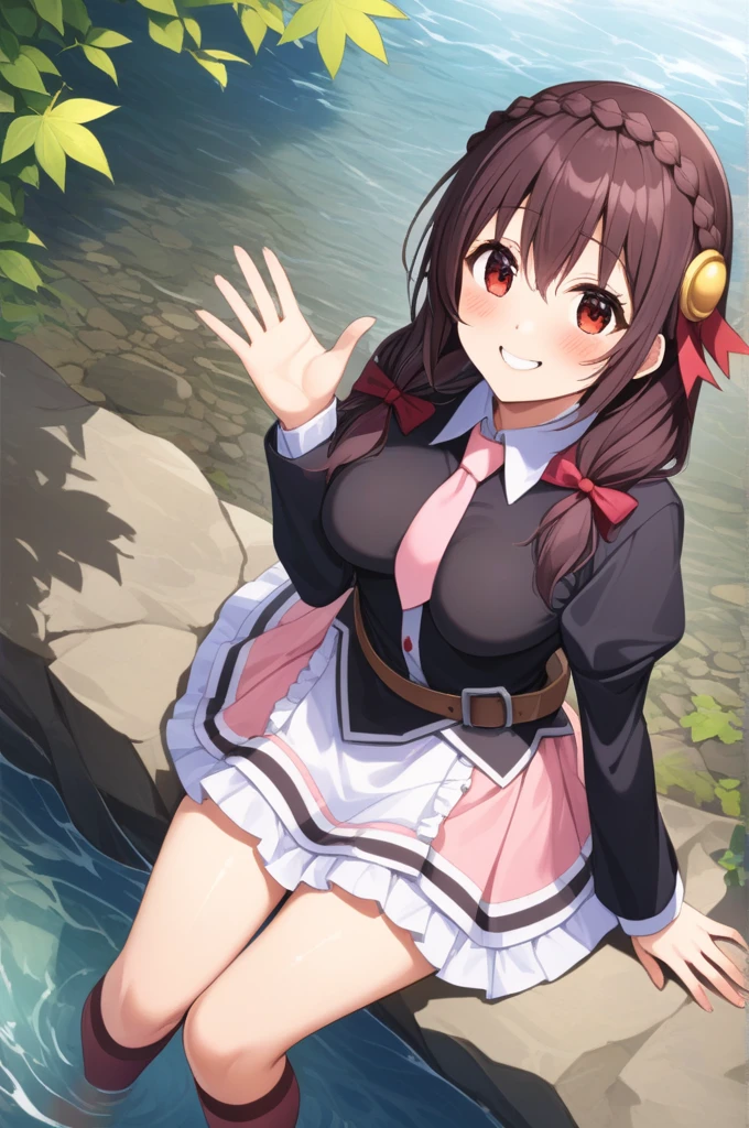 masterpiece,Best Quality, High resolution,One person, Yunyun、名前はYunyun, Crown braids in the same color as your hair, Red eyes、Hair Accessories, Hair Ribbon, Pink tie, Black long sleeve, Pink Skirt, Knee socks, belt, (Chest cut-out),(Clevis)、The chest is large、(A big smile:1.8)、(blush:1.6)、(The background is a mountain stream)、Riverside、Clear Stream、The season is autumn、(Sitting and touching the surface of the river)、Looking up、Looking up、Waving one hand upwards、View from above、橋のView from above