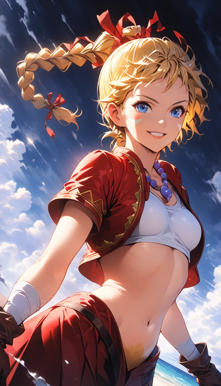 (viewed from slightly below:1.27), ((mature face)), blue eyes, warm smile, 20 years old, yellow hair in a high braided ponytail, (small bust:1.42), navel, standing on white sand beach, in various fighting poses, red fitted jacket 3/4 cropped, nude torso under jacket, form fitting red micro skirt, ((skirt is partially open)), (yellow pubic hair peeks out of her skirt:1.42), (Whole body shown:1.47), wearing loose leather boots, wearing ankle wraps, detailed face, detailed eyes, detailed lips, highly detailed hands, 8k, UHD, cinematic lighting, vivid colors, dramatic shadows, masterpiece, award winning art, (full length portrait:1.37), (centered shot), (kdecc, ponytail, (facial mark), necklace, red vest, midriff, red skirt, gloves), ultraST, skin_tight, impossible clothes