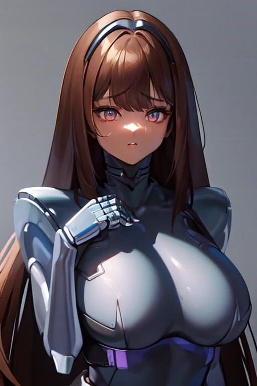 (masterpiece),(Highest quality),(Super detailed),(Best illustrations),(Best Shadow),(Absurd),(Detailed Background),(so beautiful), 16K, 8K, 4K,(Best Shadow),robotization,woman ,big bust,Robot Joint ,Metal skin,Black robot Suit,long hair,a black robot suit that covers the whole body,robot hand,cyber bodysuit,mecha head,(Detailed hands and fingers:1.2),Ball joint robot body,doll joint,beautiful face,beautiful robot girl,robotic eye,robotic hands,(no more human skin),android girl,cyborg girl,F cup, sexy body,(machine made joints:1.2),(machanical limbs:1.1),(blood vessels connected to tubes),(mechanical vertebra attaching to back),(mechanical cervial attaching to neck),Noir(NIKKE),no messy picture style,no emotions