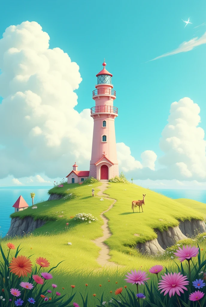 Children's picture book style, lighthouse as main object, pretty pink lighthouse on headland, fluffy clouds, colourful flowers and grasses all around, lone deer grazing in distance.