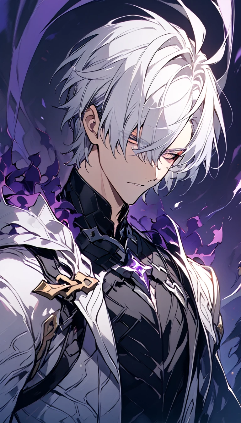 solo, handsome, 1 male, short hair, white hair, Yollow eyes, black shirt, white coat, purple nature background, around some demons, wallpaper,